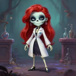 cute & beautiful smug smiling undead skeleton girl with very attractive face and red hair dressed as a scientist, elegant, digital art, fullbody painting, fantasy, pixar style, painting, pin up, highly detailed, artstation, art by artgerm, vrubel, greg rutkowski, ilya kuvshinov, raymond swanland