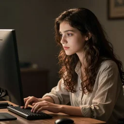 portrait of a young woman typing on computer, artstation