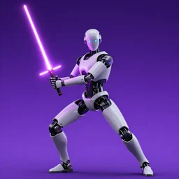 humanoid robot in fighting stance wielding lightsaber in front of a violet planet in the sky, unreal engine, featured on cgsociety, trending on artstation, detailed, scifi futuristic character concept, simon stalenhag, movie still, octane render, hubble telescope, violet planet, stars, hyperrealistic, cinematic, by weta digital, epic action pose