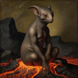 close up of chimera sitting on the flowing lava. painting by jan van eyck, moebius, edwin church