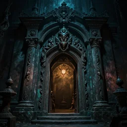entrance to the temple of cthulhu, dark ambience, lovecraftian colors
