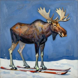 an abstract painting of a moose on skis, picasso