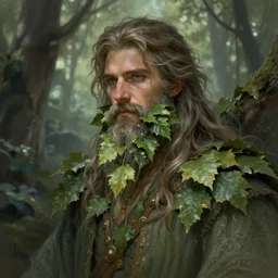 patrick rothfuss as a forest druid with leaves in his beard, dreamy and ethereal, fantasy, intricate, elegant, highly detailed, digital painting, artstation, concept art, smooth, sharp focus, illustration, art by artgerm and greg rutkowski and donato giancola