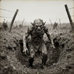 ww 1 battlefield old photograph, creepy demonic goblin covered in clumpy mud, tunnels, barbed wire, invoke fear and dread, unsettling daguerreotype, historic photo