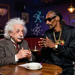 Photograph of Albert Einstein and Snoop Dogg discussing theoretical physics ideas in a club, colorful photograph, 4k, HDR