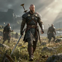 Futuristic matte painting of a viking soldier walking through a field after war, volumetric light scattering, highly detailed, digital art, Andreas Rocha, Greg Rutkowski, Darek Zabrocki, ArtStation, CGSociety, Unreal Engine, 4K, 8K