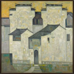a painting of abstract buildings like hongcun ancient village houses by alphonse mucha