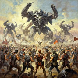 oil painting of 3 0 0 0 battle - panorama nightmare machine, by jack kirby, ditko, alberto bontempi, shigeru komatsuzaki, wayne d barlowe, alex ross, enric torres, simon bisley & boris vallejo, hyper realism, cinematical, narrative light, epic, hyper detailed, awe inspiring, award winning horror,