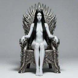 of a beautiful black haired woman with pale skin and a crown on her head sitted on an intricate metal throne standing in the shadow of a red barn. black hair, white! dress!. paint brush strokes, watercolor, cinematic light, american romanticism by hans dahl, by greg rutkowski, by tyler edlin