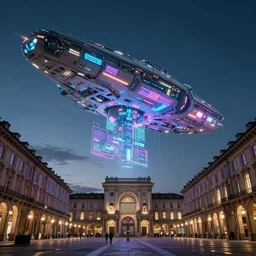 giant spaceship in the sky, piazza san carlo in turin in the style of blade runner, giant holographic adv, neon lights, futuristic, cyberpunk, sharp focus, matte painting, artstation