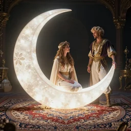giant shining crescent in focus, magic fluffy persian carpet dimension, by greg rutkowski and gaston bussiere, dim lighting, beautiful volumetric - lighting - style atmosphere, surreal atmosphere, intricate, detailed, photorealistic imagery, trending artstation