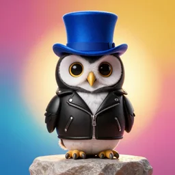 cute owl wearing black biker jacket, portrait photo, backlit, studio photo, background colorful, tophat, kobalt blue, tophat, stone, sitting on stone