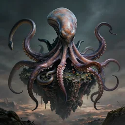 detailed hyper realistic alien octopus demigod which looks deeply intimidating, menacing alien snake, floating island on a barren exoplanet, beautiful dramatic moody lighting, cinematic atmosphere, by Jean Giraud, Alex Grey, Zdzislaw Beksiński, Dan Mumford, Patiphan Sottiwilaiphong, Yintion J - Jiang Geping