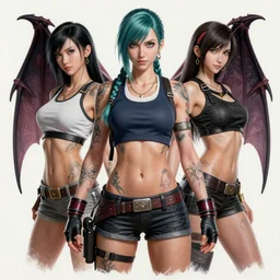 gorgeous!! hyper - realistic giant woman resembling bulma + felicia from darkstalkers + tifa lockhart ff 7, tattoos, bat wings | drawn by artgerm, drawn by wlop, drawn by jeehyung lee | intricate, high detail, ultra graphics, photorealistic, symmetrical, cinematic, smooth, sharp focus, character design, expressive, cute, beautiful!! full body, concept art, octane render - h 8 3 2