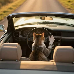 cat behind the steering wheel of a cabriolet, seen from above, golden hour, front top side view, golden ratio, idyllic setting