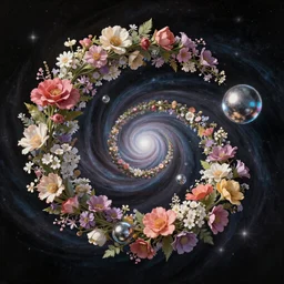 An epic fantastic realism comic book style painting of the most beautiful spiraling entwined flowers launched exquisitely across the dark spinning universe, floating bouquets, fisheye, perfect shiny iridescent silver spheres,  unreal 5, DAZ, hyperrealistic, octane render, dynamic lighting