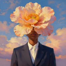 closeup, giant flower over head, black woman in suit, surreal photography, golden hour, colorful clouds, impressionist painting, digital painting, artstation, simon stalenhag