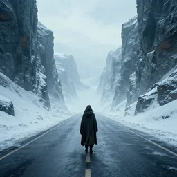 Nomad wearing a cloak seen in a distance while exploring a frozen alien world, vanishing perspective of a road, ravine, Syd Mead, John Harris, Federico Pelat,