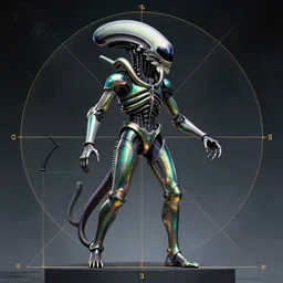 space xenomorph!!! as vitruvian man by james jean and moebius, biomechanical, iridescent greenwich armour, fencing doublet, ultra wide angle, full body, no crop, golden ratio, hyper details