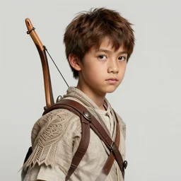 highly realistic full body art, boy with brown hair and brown eyes, a wooden bow on his back, highly detailed and intricate, concept art illustration