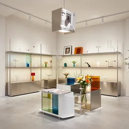 flower retail store, minimal, stainless steel and color glass, frame magazine, archidaily, parametric dot lamp, contemporary art and sculpture for furniture, trending on artstation, octane rendering