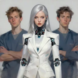 a portrait of a scientist android girl with silver hair wearing white suit by artgerm and wlop and krenz cushart, painterly
