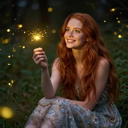 a happy young woman, admiring the lights of golden fireflies, sitting in the midst of nature with a wonderful dress, long loose red hair, bright green eyes, small nose with freckles, triangle shape face, smiling, romantic scene, golden ratio, high contrast, photo realistic digital art by caravaggio and artgerm.