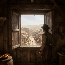 dry arid delicious view from standing inside the interior dingy wooden fort tower room window looking out at the bustling medieval town streets below atmospheric unreal engine hyperreallistic render 8 k concept art masterpiece screenshot from the video game red dead redemption 2 global illumination