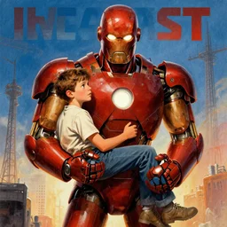 the iron giant holding a boy, poster art by tom whalen, featured on deviantart, les automatistes, reimagined by industrial light and magic, movie poster, american propaganda