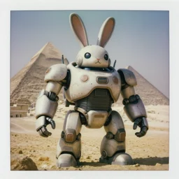 action pose !!! giant oversized battle rabbit oversized ears robot chubby cute  bulky mech  in giza , Cinematic focus, Polaroid photo, vintage, neutral colors, soft lights, foggy, by gregory crewdson