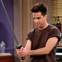 chandler bing practicing with a samurai sword,'friends'9 0 s tv show screenshot