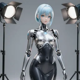 perfect anime cyborg woman, porcelain, aluminium ( desgined by apple ), silver, blue soft details, soft!!, dark black dress, studio photo, octane render, studio lights, 8 0 mm lens