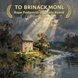 a painting of a house next to a river