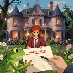 a red headed man receiving a subpoena from the fbi at his mansion, ultra photorealistic film still in new york. sparkling lights, wide shot, frog perspective, ultra sharp, wes anderson, studio ghibli, pixar and disney animation, octane render, anime key art by greg rutkowski, bloom, dramatic lighting,
