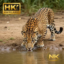 nature photography, jaguar drinking from riverbed, 8k, award winning