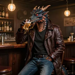 a anthropomorphic dragon wearing a leather coat, T-shirt, and jeans drinking in a bar Trending on artstation DeviantArt Pinterest furaffinty Photorealistic HD 8k highlights and shadow detailed High Resolution