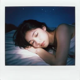 blured shadow of sleepy young woman on white light, focused background blue night sky with stars, polaroid photo