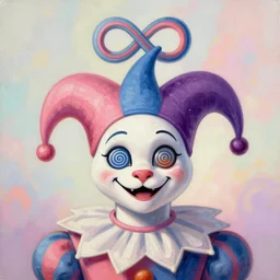 “portrait painting of a jester with spiral eyes. He smiles like a Cheshire Cat. Above his head is an Infinity symbol. Pastel blurry background.”