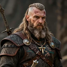 a cinematic view of wide photo from a very ornated old wizard viking berseker, half shaved haircut, showing nordic tattoos in the chest, scars in the face, long beard, using leather armour with necklace of teeth, marvelous expression, photorealistic, volummetric light, detailed, texturized, zeiss lens high professional mode