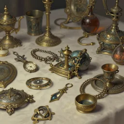close up view of a table of trinkets, deep focus, intricate, highly detailed, digital painting, artstation, concept art, matte, sharp focus, illustration, art by artgerm and greg rutkowski