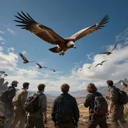 a circle of flying griffin vultures in the distance. blue sky. clouds. avila. 4 k, concept art, by wlop, ilya kuvshinov, artgerm, krenz cushart, greg rutkowski, pixiv. cinematic dramatic atmosphere, sharp focus, volumetric lighting, cinematic lighting, studio quality