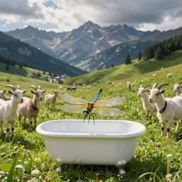 dragonfly in a bathtub in the alps, lot of goats!!!!! in the grass