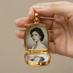 open golden locket pendant with a retro photo of an elegant and aesthetic woman portrait, hanging from a closed hand.