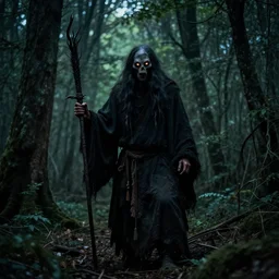 spooky shaman in the woods with glowing eyes