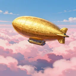 gold galeon as floating airship, zeppelin, dirigable, air ballon fly over sea of clouds, pink clouds, noon, inspired by famous digital fantasy artist, anime cartoon style, award winning, trending artstation