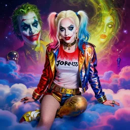 stunning portrait of lady gaga as harley quinn as the joker by victo ngai, kilian eng vibrant colors, winning - award masterpiece, fantastically gaudy, aestheticly inspired by beksinski and dan mumford, 4 k upscale with simon stalenhag work, sitting on the cosmic cloudscape