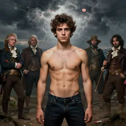 portrait of a ( ( ( candy ) ) ), ( ( guapo joven musculso portugues principe machote sin camisa ) ), tormenta y magia, coherent, by greg rutowski and yata and jurgens and mucha and bierstadt and remington, trending on artstation