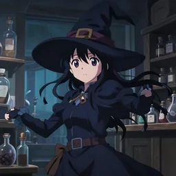 anime visual, portrait of a young female traveler wearing a witch hat in a alchemist's potion shop interior, cute face by yoh yoshinari, katsura masakazu, cinematic luts, cold colors, dynamic pose, dynamic perspective, strong silhouette, anime cels, ilya kuvshinov, crisp and sharp, rounded eyes, moody