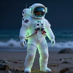 glowwave astonaut in the beach, au naturel, hyper detailed, digital art, trending in artstation, cinematic lighting, studio quality, smooth render, hightly detailed, unreal engine 5 rendered, raytracing, octane rendered, art style by klimt and nixeu and ian sprigger and wlop and krenz cushart.