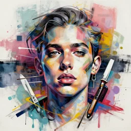 a mixed technique graffity infused colorful slightly abstract very dynamic fineart portrait by street artist heliobray. collage, made with different brushes, sprays and knifes. overdetailed, maximalist, but polished with clean linework. dynamic strokes and lineweight. muted pastel colors